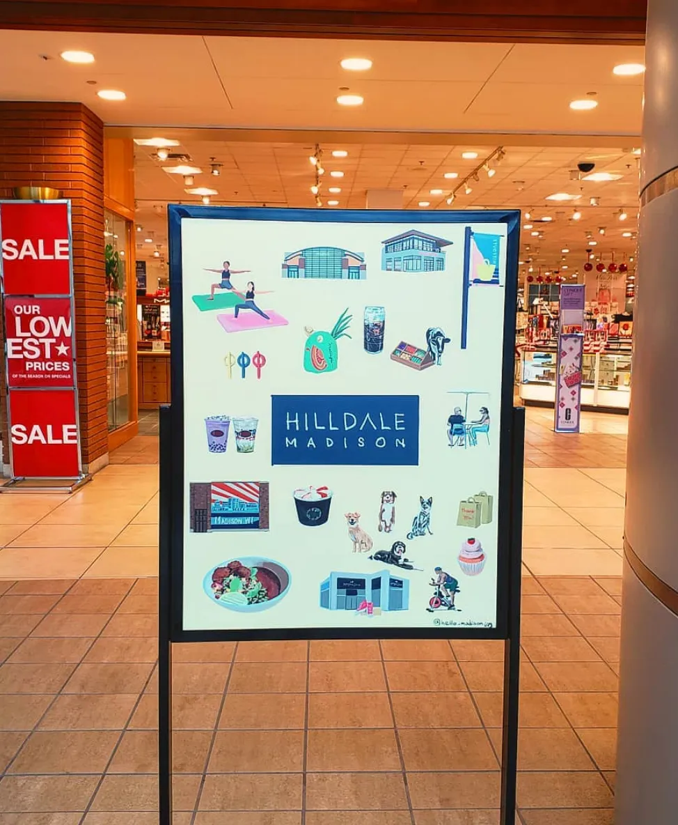 Hilldale sign with Hello Madison illustrations